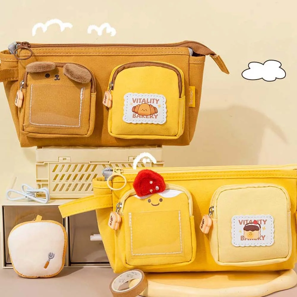 Large Capacity Cartoon Canvas Pen Bag Chestnut PVC Cute Bear Pencil Pouch Portable Strawberry Cheese Stationery Storage Bag
