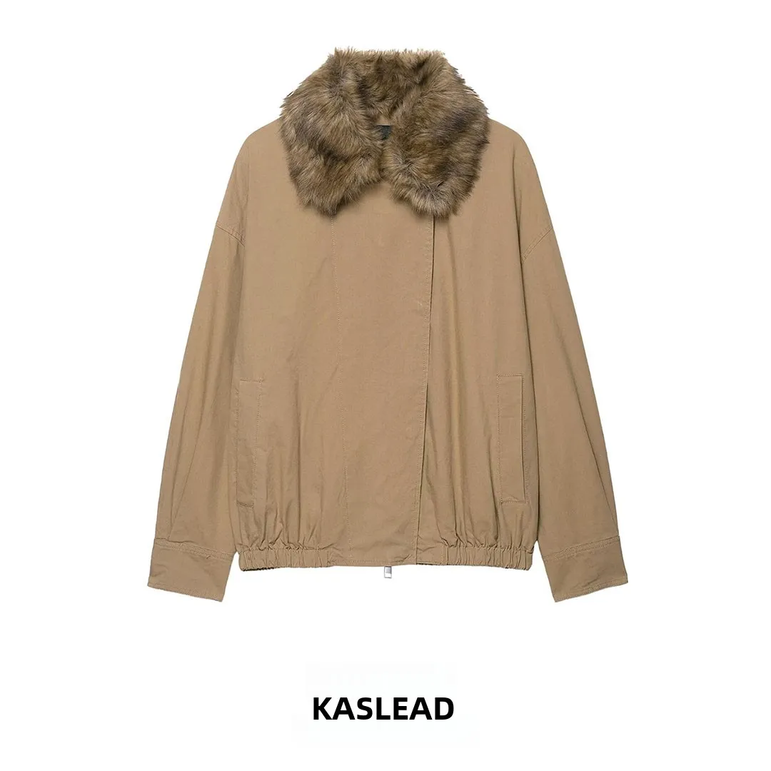 KASLEAD New Faionable Artificial Fur Collar Pilot Jaet Women's ort Outerwear Long Sve Zipper Polyester Fiber