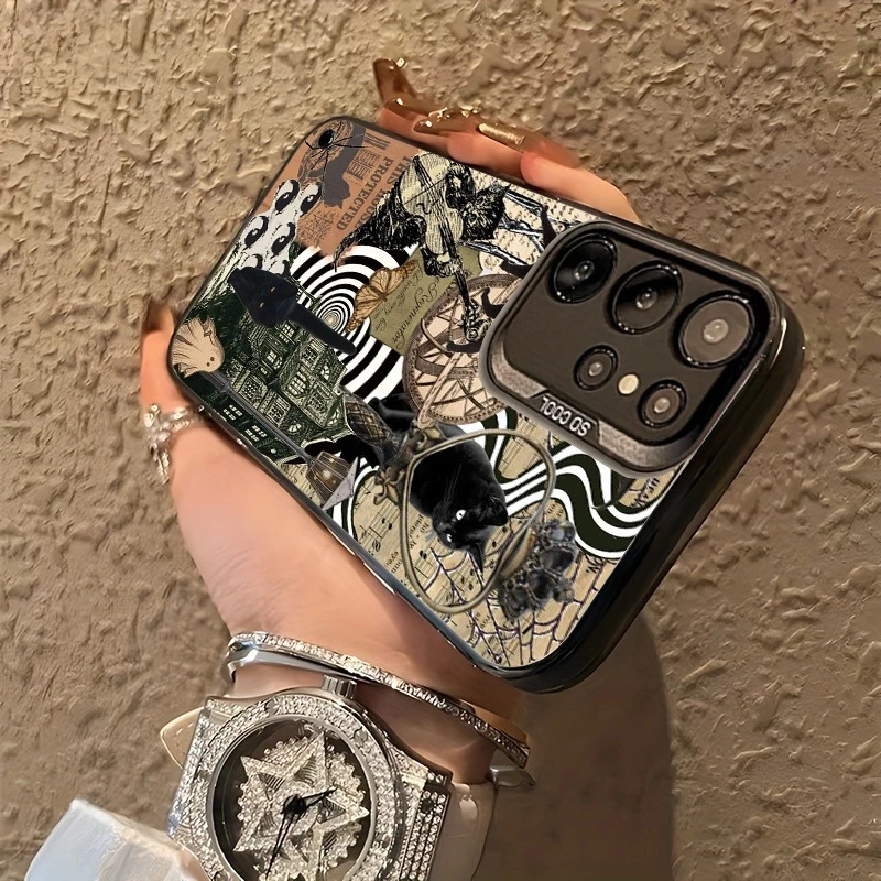 Diseño de patrón de Casa Encantada de murciélago y calavera de gato negro para iPhone 16, 15 14 13 12Pro Max, funda especial para teléfono, tendencia de moda