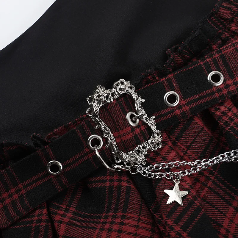 Goth Dark Punk Style Irregular Hem Chain Mini Skirts Harajuku Fashion Plaid Lace Stitch Skirt Mall Gothic Streetwear Bottoms Y2K