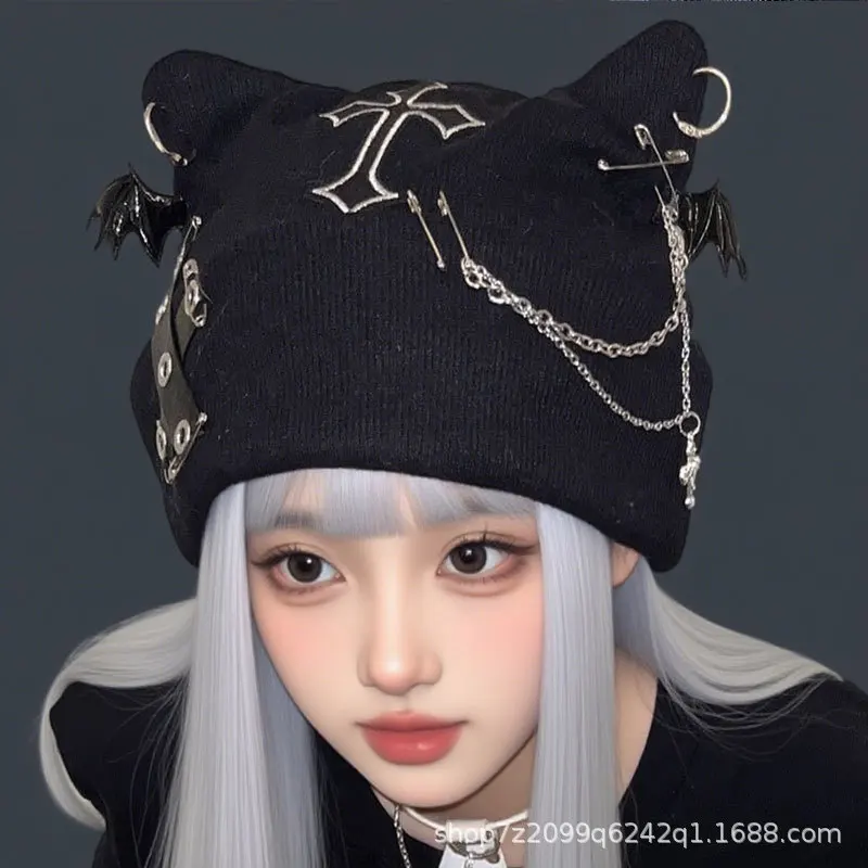 Gothic Grunge Cat Ear Bat Wing Black Beanie Hat Harajuku Punk Cross Chain Knitted Hat Women Winter Warm Chic Streetwear