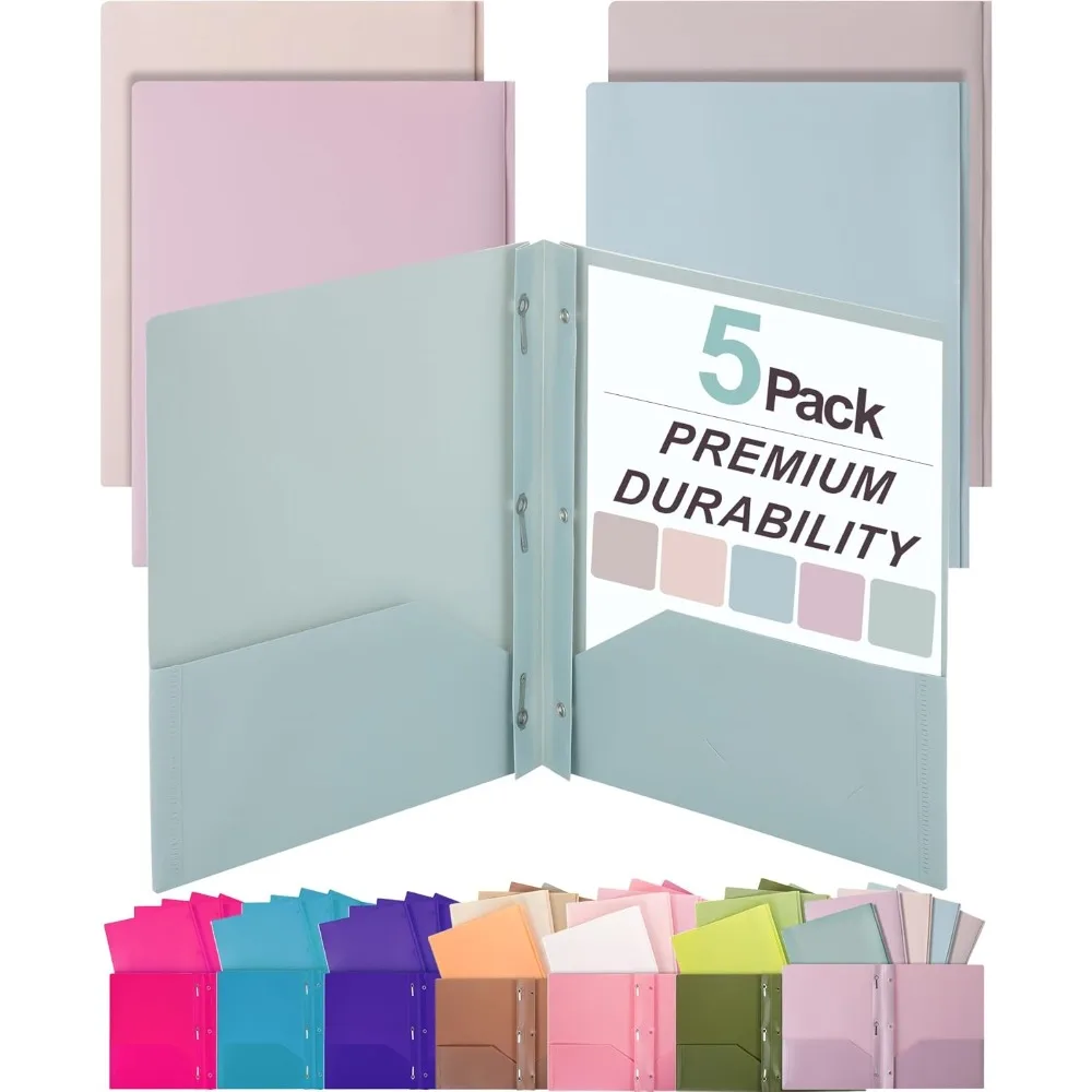 

5-Pack Pastel Plastic Pocket Folders with Clips | 2-Pocket Binder for School & Office