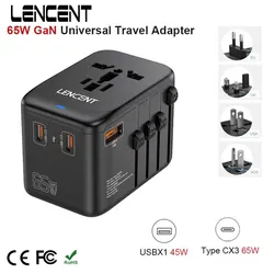 LENCENT 65 GaN Universal Travel Adapter with 3Type C+1USB Ports QC3.0 Fast Charging Travel Adapter EU/UK/USA/AUS Plug for Travel