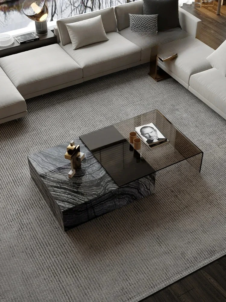 

N Marble Tea Table Tempered Glass Retractable Modern Italian Light Luxury Ancient Wood Grain Natural Luxury Stone
