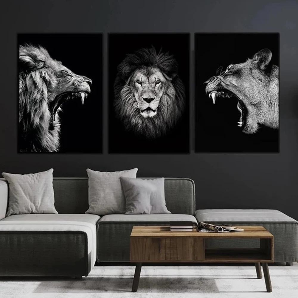 Lion Queen King Poster Black Roaring Wild Animals Family Canvas Painting Prints Wall Art Pictures Living Room Home Decor Cuadros