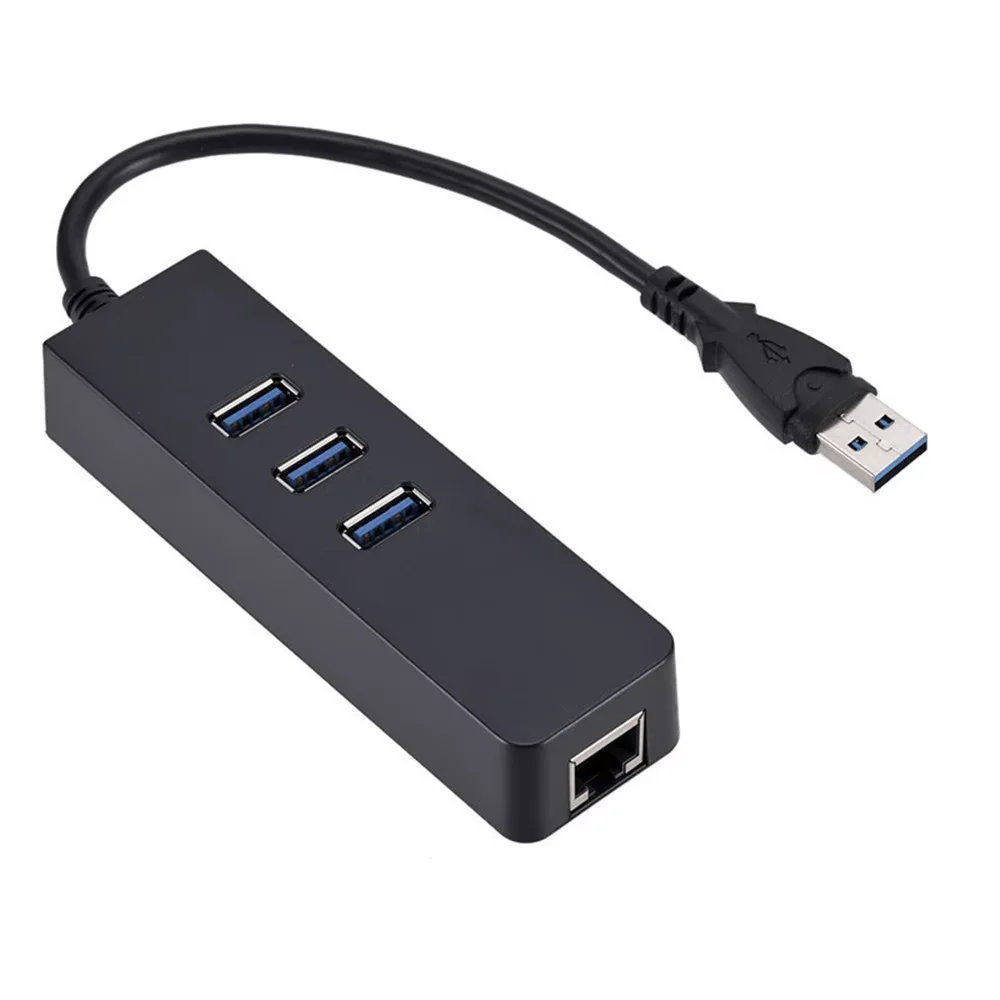 USB Ethernet Adapter with Three USB-A Outlets and RJ45 Access for Office Laptops, Desktops, and Remote Computer Use