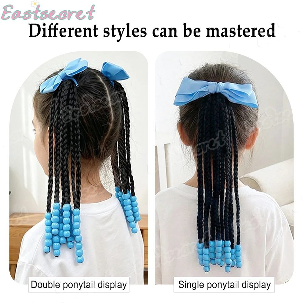EAST Kids' Dress-Up Synthetic Wig 2-Pack, Featuring Blue Bow Double Ponytail with Beaded Tassel for Daily Play