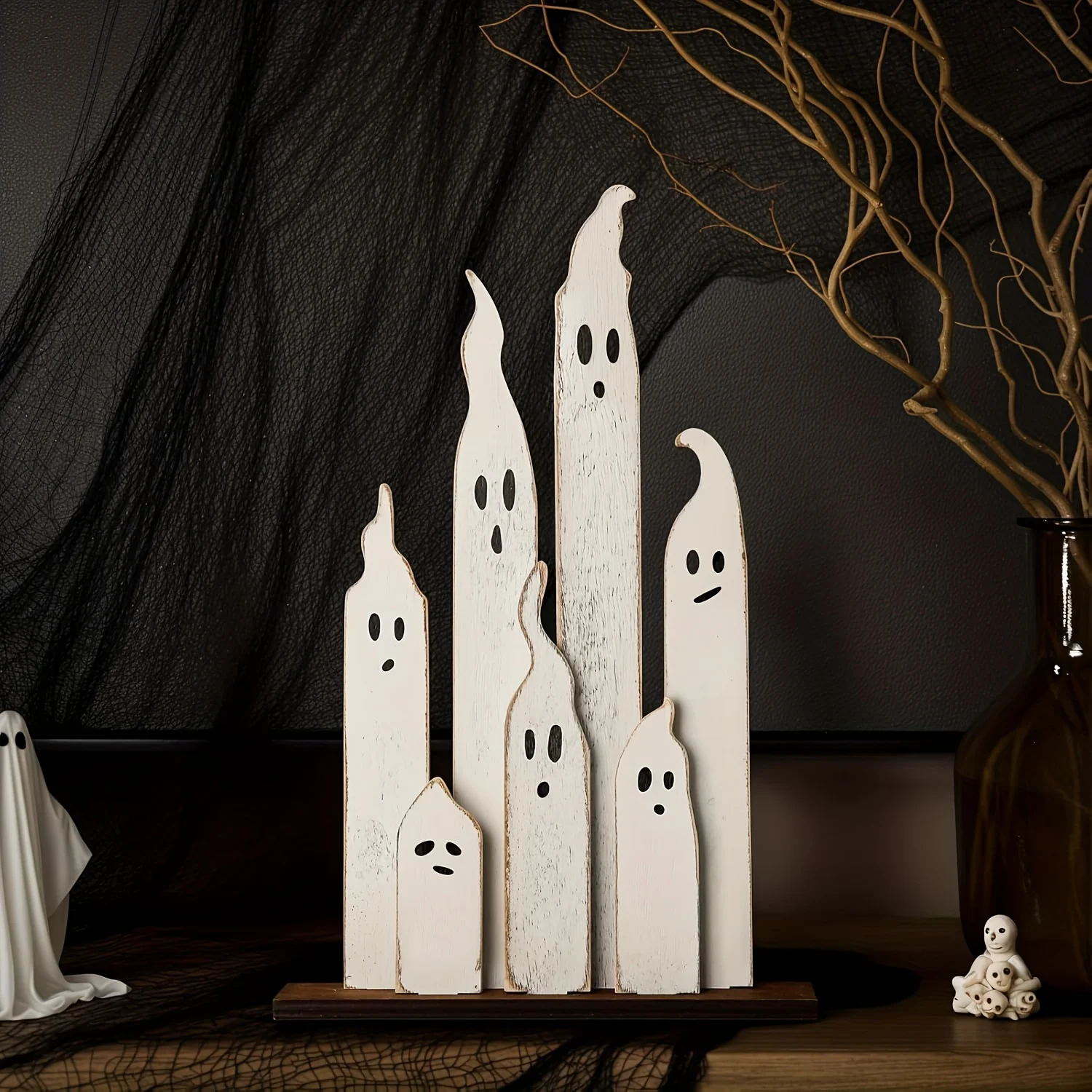 2D Flat Wooden Decorative Plaque, Party Decoration, Halloween Tabletop Decor Farmhouse Ghost Decoration Delicate Ghost Wood Sign