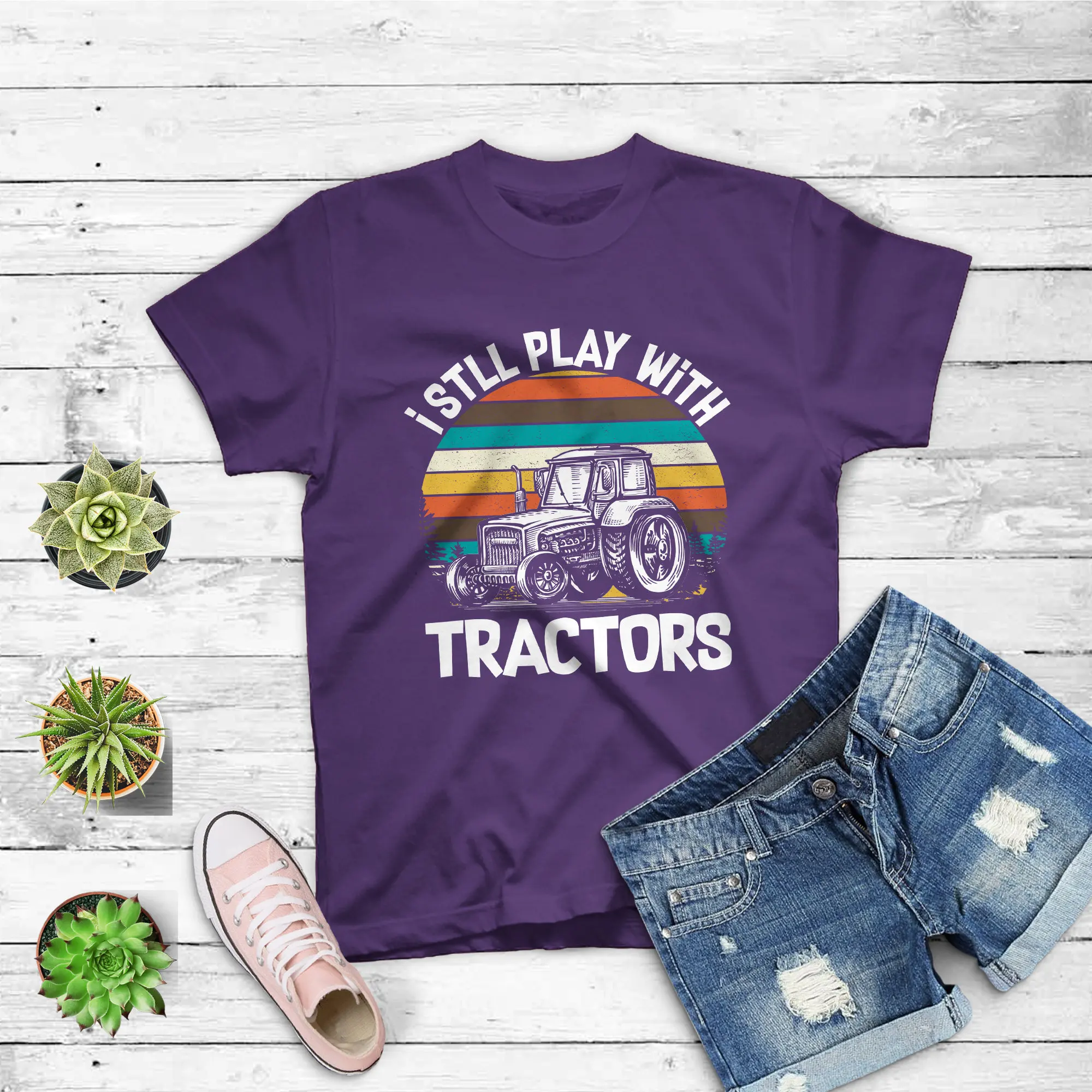 Funny Farmer Still Play With Tractors Vintage Farming T Shirt