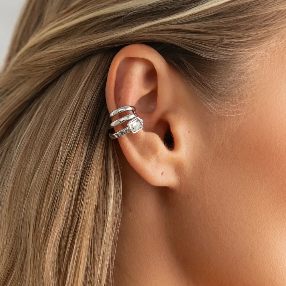 Multi-Layer C-shaped Ear Clip Silver Metal Triple Ring Clip Minimalism Irregular Shape Rhinestone Earrings Cartilage Ear Cuffs