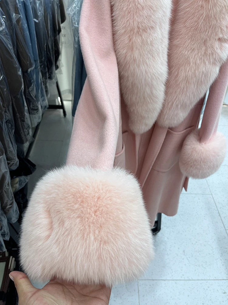 Women Winter Coats Cashmere Sheep Wool Blends Real Natural Fox Fur Collar And Cuff Belt Slim Style Female Autumn Outerwear
