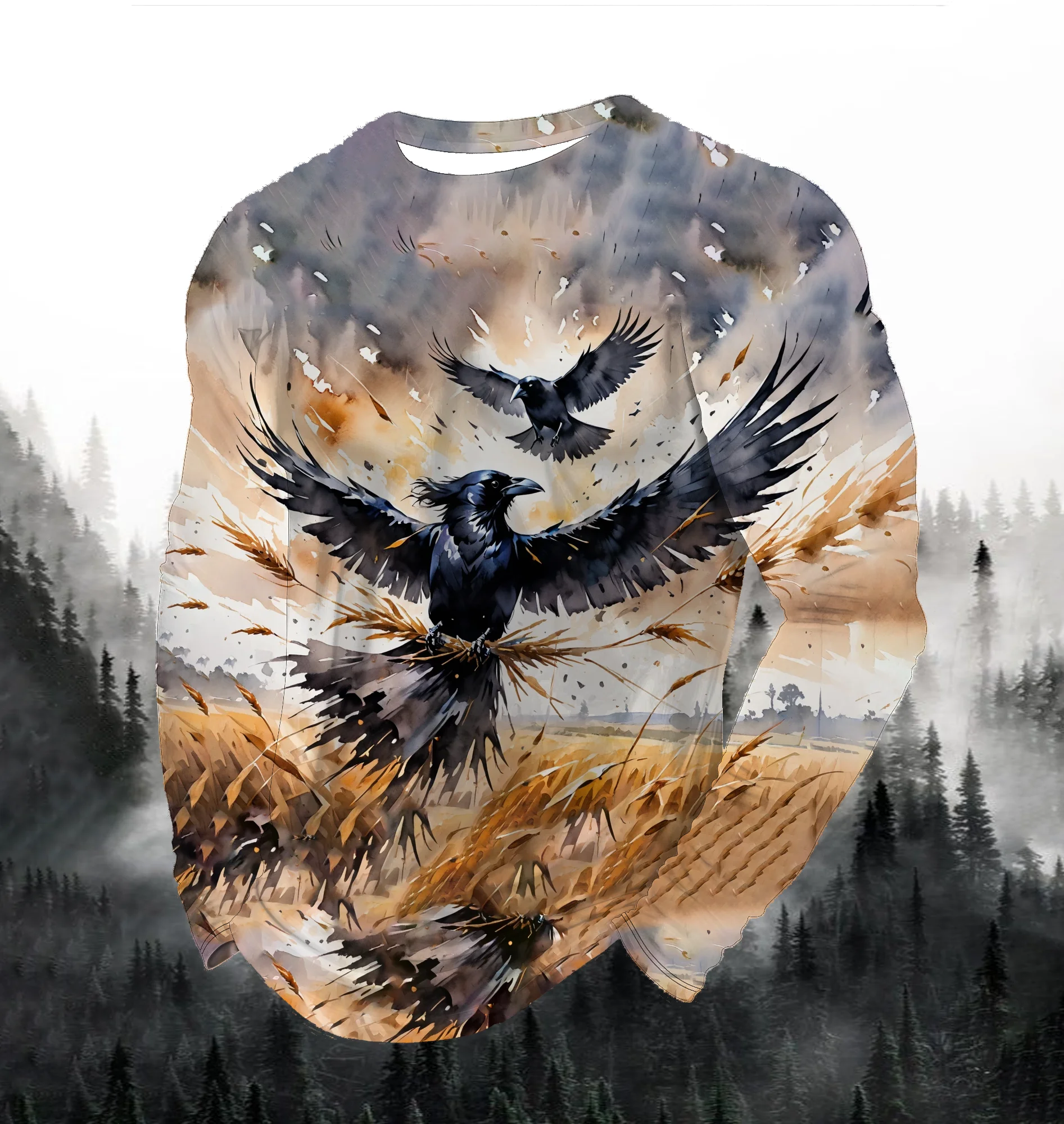 Men's Fashion Printed Round Neck Long Sleeve Party Autumn Sports Leisure Pullover Men 3D Flying Eagle Printed Loose Sports Top