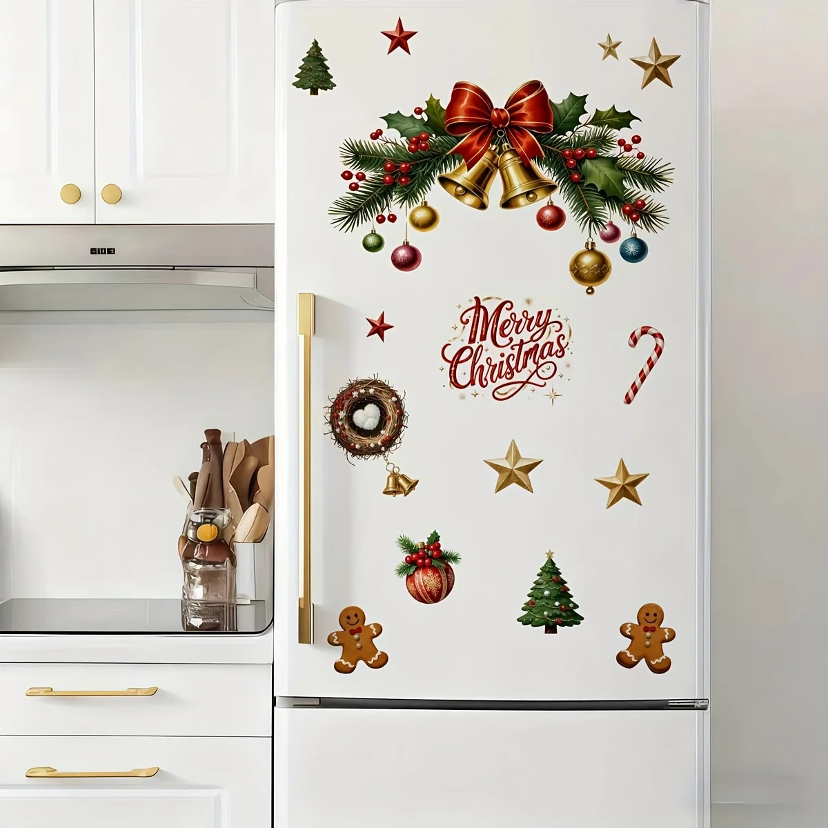 1pc Christmas Bell Pine Wreath Fridge Magnet & Wall Sticker, Red & Gold 