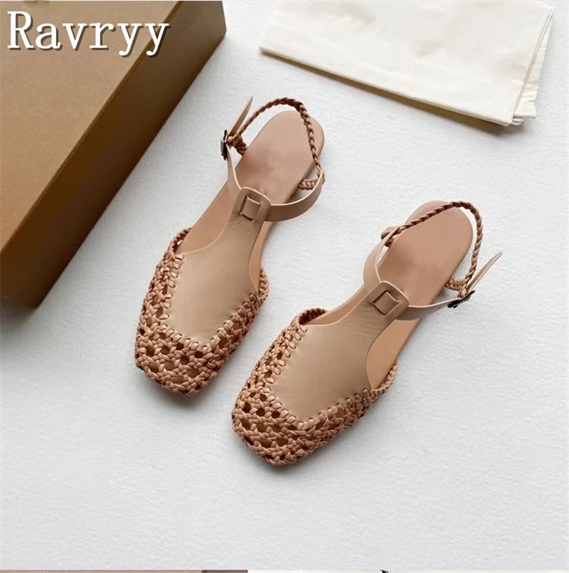 Women New Woven Genuine Leather Sandals Designer Summer Square Toe Flats Roman Style Cladiator Hollow Out Sandals