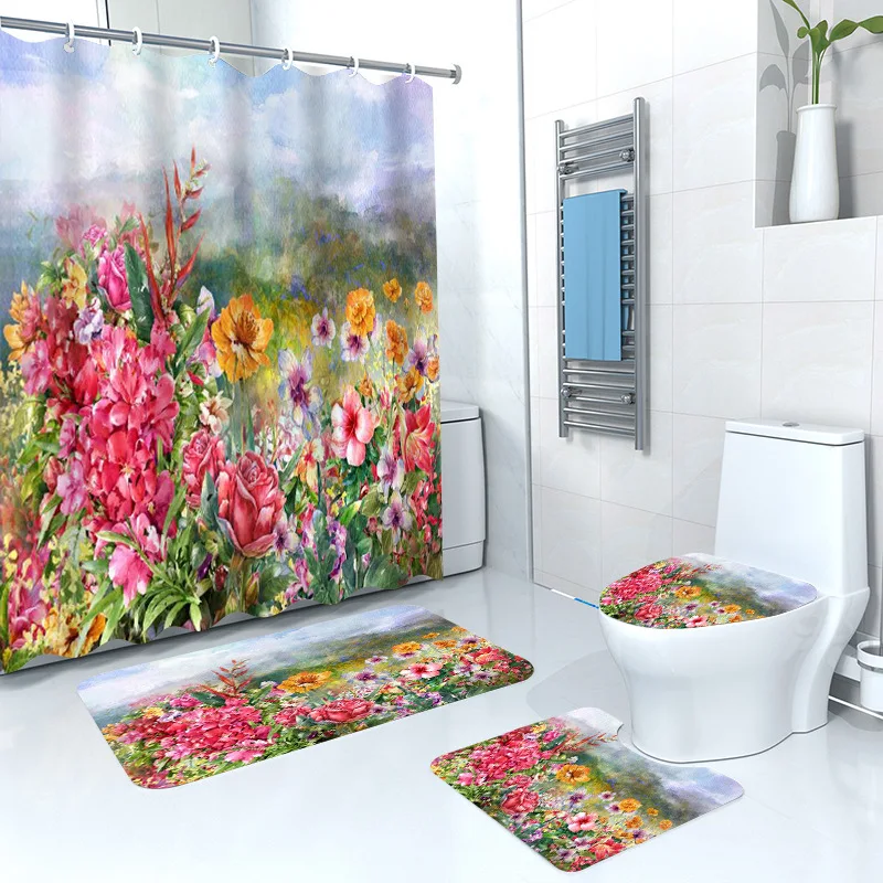 Flower Shower Curtain Set Abstract Floral Blossoms Florets Shrubs Drawing Bathroom Waterproof Fabric Bathroom Set Home Decor