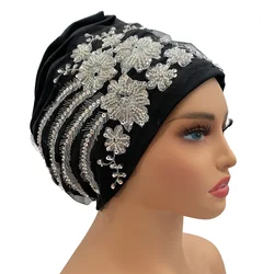 Luxury Embroidery Beading Pleated Turban Cap for Women African Female Wrap Head Bonnet Muslim Turban Hat Lady Head Wraps