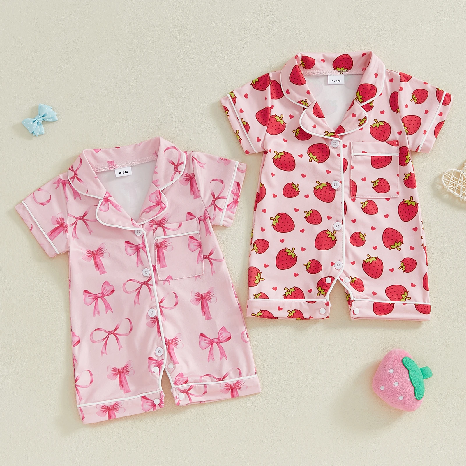 2025 New Toddler Baby Girl Summer Romper Short Sleeve Lapel Collar Strawberry/Heart Print Jumpsuit Infant Pajamas