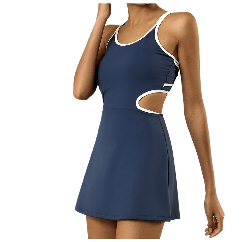 

Women's Yoga One-Piece Dress with Chest Pads Color Block Pleated Skirt High Elasticity Quick-Dry Anti-Exposure Golf Tennis Skirt