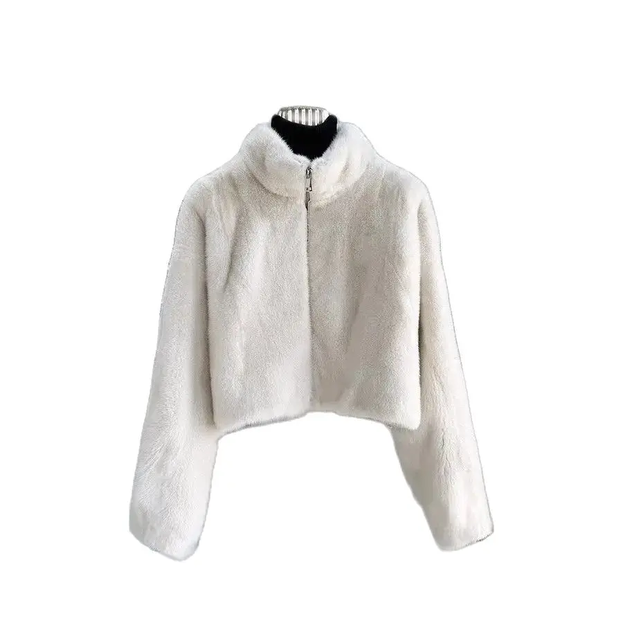 Manteau court en peluche pour femme, col montant, mode coréenne, veste de tempérament pour femme, poches élégantes, vison chaud, fourrure 216.239., automne et hiver