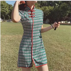 2024 Summer Stripe Vintage Patterns Qipao Girl Dress Women Dress Elegant Plaid Dresses Woman Party Night Cheongsam Chinese Dress