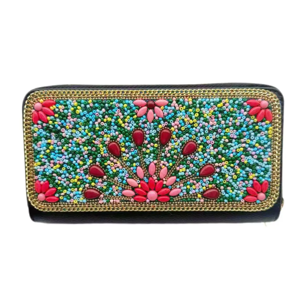 

Peacock Handmade bead embroidery spreading its tail four-sided symmetrical flowers black genuine leather base