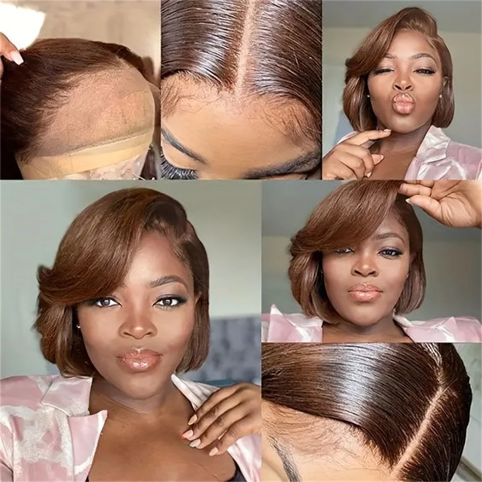 4# Brown Straight Pixie Cut Wig Transparent Lace Frontal Human Hair Wigs Short Bob Wig Preplucked Brazilian Human Hair For Women