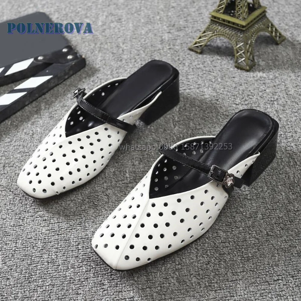 

Bicolor Shallow Buckle Strap Mules Square Toe Chunky Heels Metal Decoration Slip On Sandals Casual Elegant Comfortable Slides