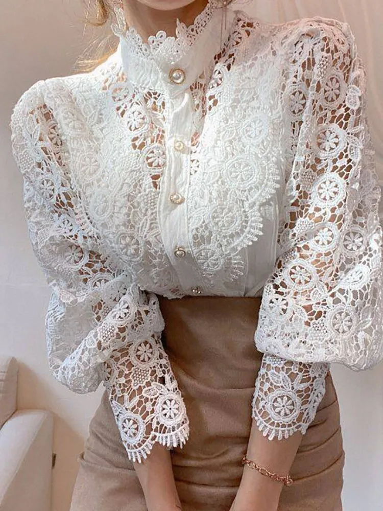 Spring Summer Women Vintage White Lace Blouse Shirts Fashion Korean Button Loose Shirt Tops Female Hollow Casual Ladies Blouses