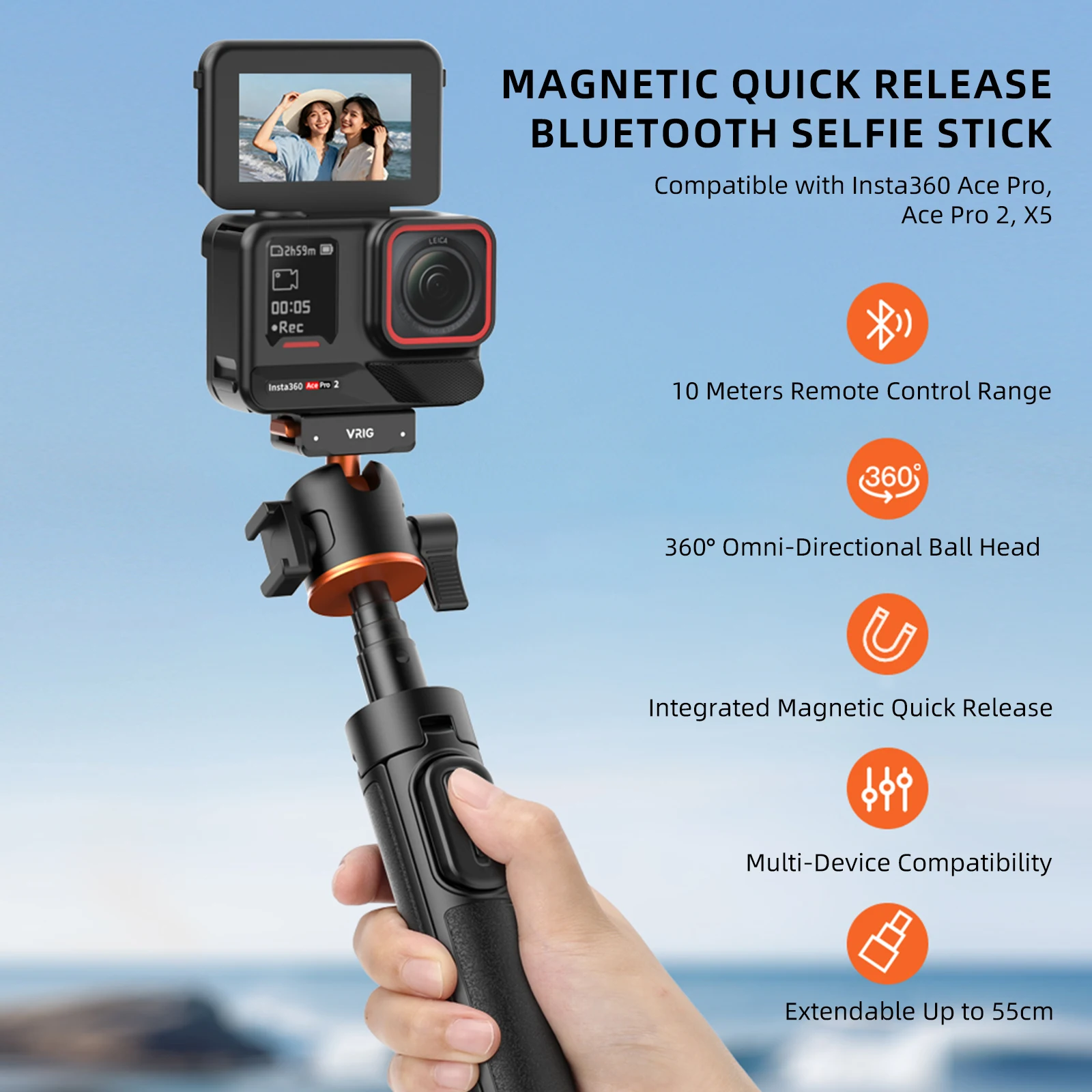 VRIG 360 ° Kugelkopf Magnetischer Selfie-Stick Stativ für Insta360 Ace Pro 2/ Ace Pro/ X5 Bluetooth-Kamera Stativ für Vlog Live-Video – Detail 6