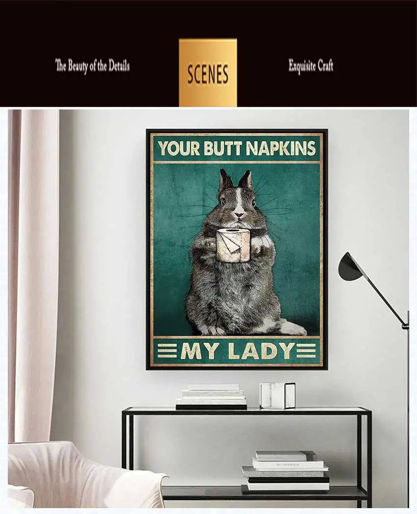 Funny Old Man Butt Toilet Paper Poster Print, Retro Green Whimsical Rabbit Tissue Frameless Canvas Art for Bathroom Wall Decor