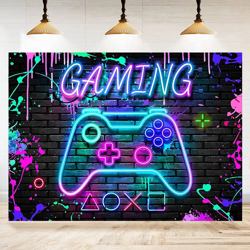 Neon Gaming Controller Games Graffiti Brick Wall Photography Backdrop Game Night Party Birthday Background Decoration Banner