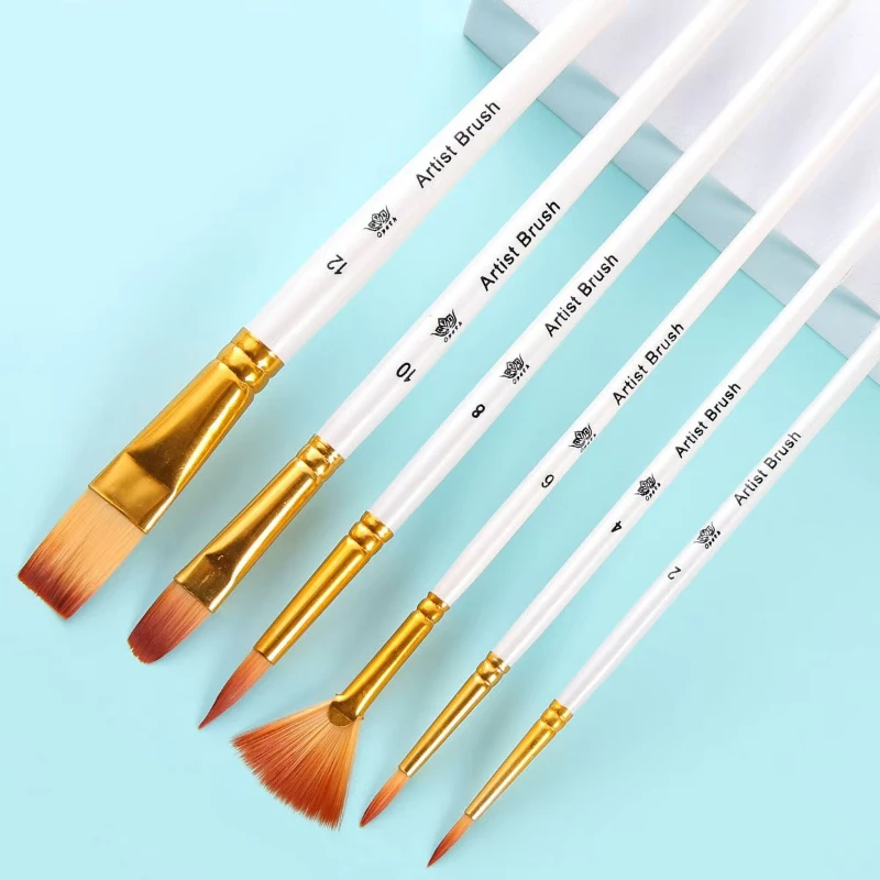 6pcs Acrylic Watercolor Gouache Nylon Paint Brush Set Not Easy To Fork and Good Water Absorption for Drawing Strokes Hook Line