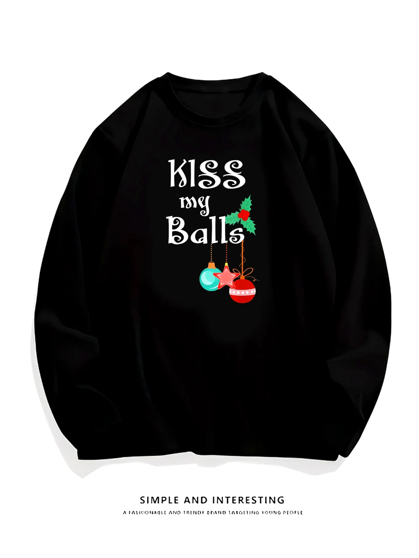 

Men's Funny Christmas Sweater - "Kiss My Ball" Holiday Party Pullover - Black Crew Neck Sweater for New Year's Eve, Christmas