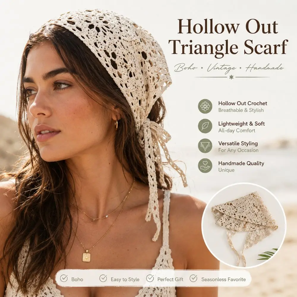 Solid Color Triangle Hair Scarf Hollow Handmade Crochet Knitted Headscarf Sweet Cute Strap Retro Knitted Crochet Headband