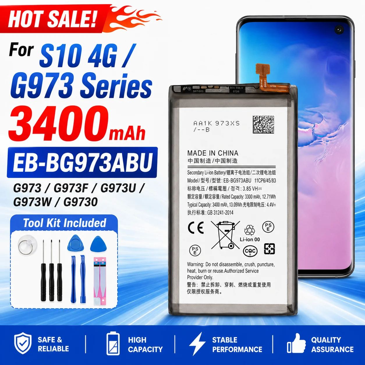 Premium Replacement Battery EB-BG973ABU 3400mAh For Samsung Galaxy S10 X SM-G9730 G973F G973U G973W With Tool Kit Phone Repair
