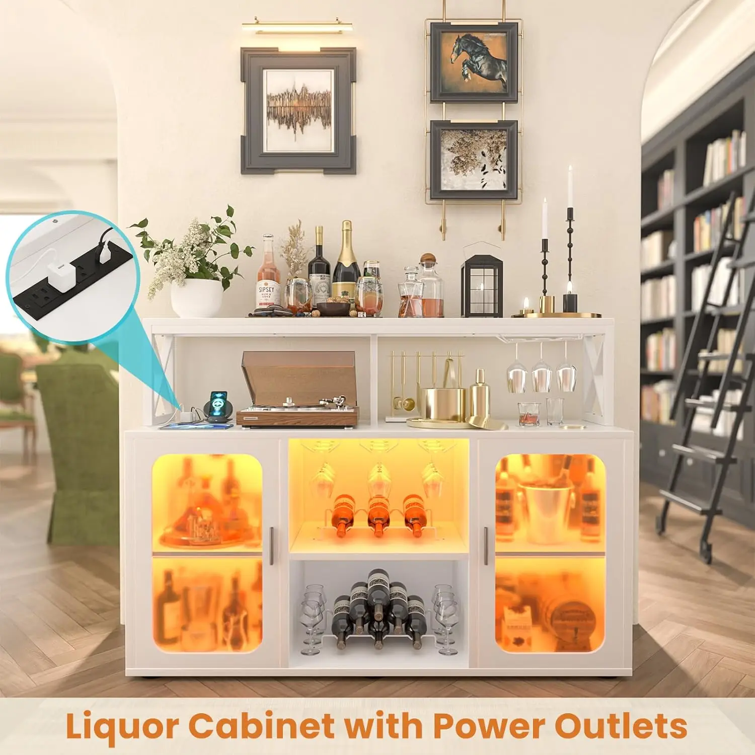 Bar Cabinet with Power Outlet LED Lights Glass Holders Storage Buffet Coffee Wine Racks Home Kitchen White, Customized