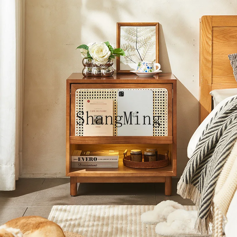 

ZYY solid wood bedside table small apartment sofa side cabinet simple rattan edge few lockers