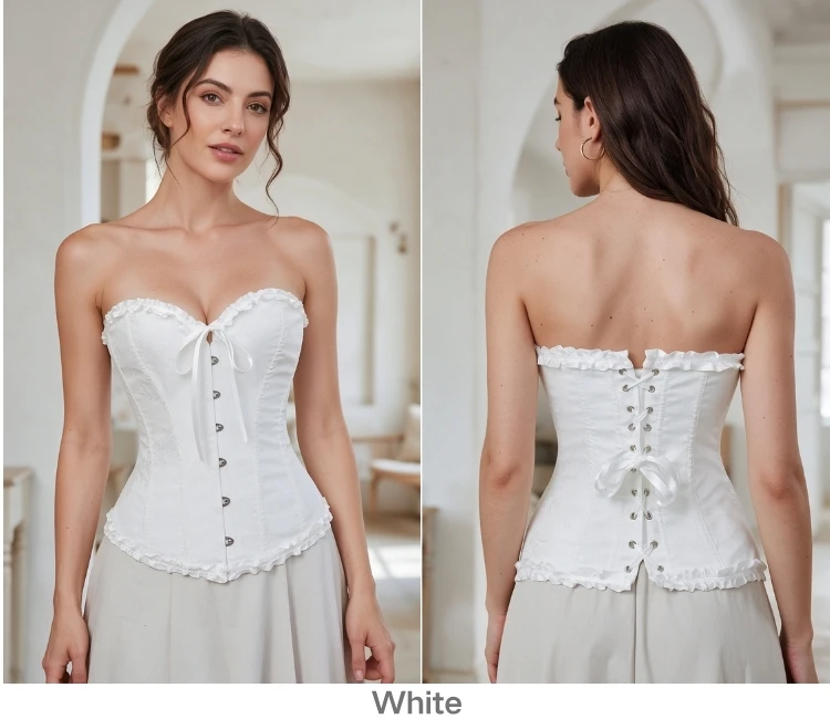 Damen Vintage Jacquard Korsett-Top, trägerlos, mit Rüschen vorne, Busk-Rücken, Schnürung, 20 Farben, für Feiertage, Partys und Abendgarderobe – Detail 19
