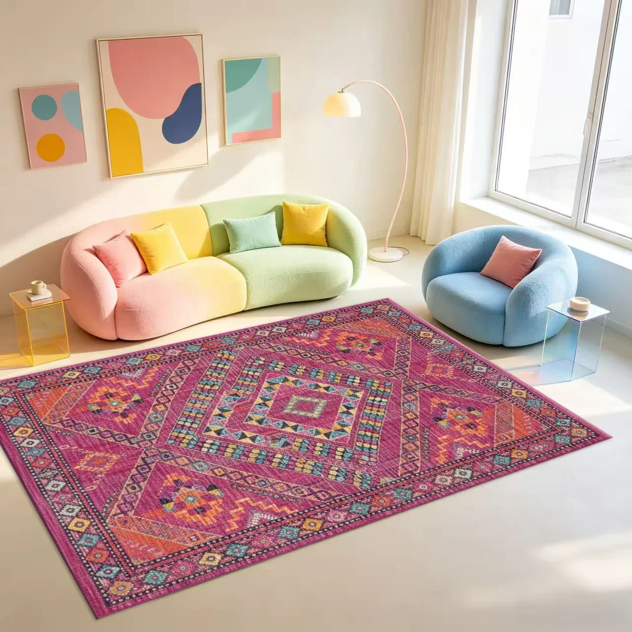 Magenta Bohemian Style Geometric Pattern Carpet, Ethnic Diamond Pattern Rug, Suitable for Living Room, Bedroom, and Indoor Home