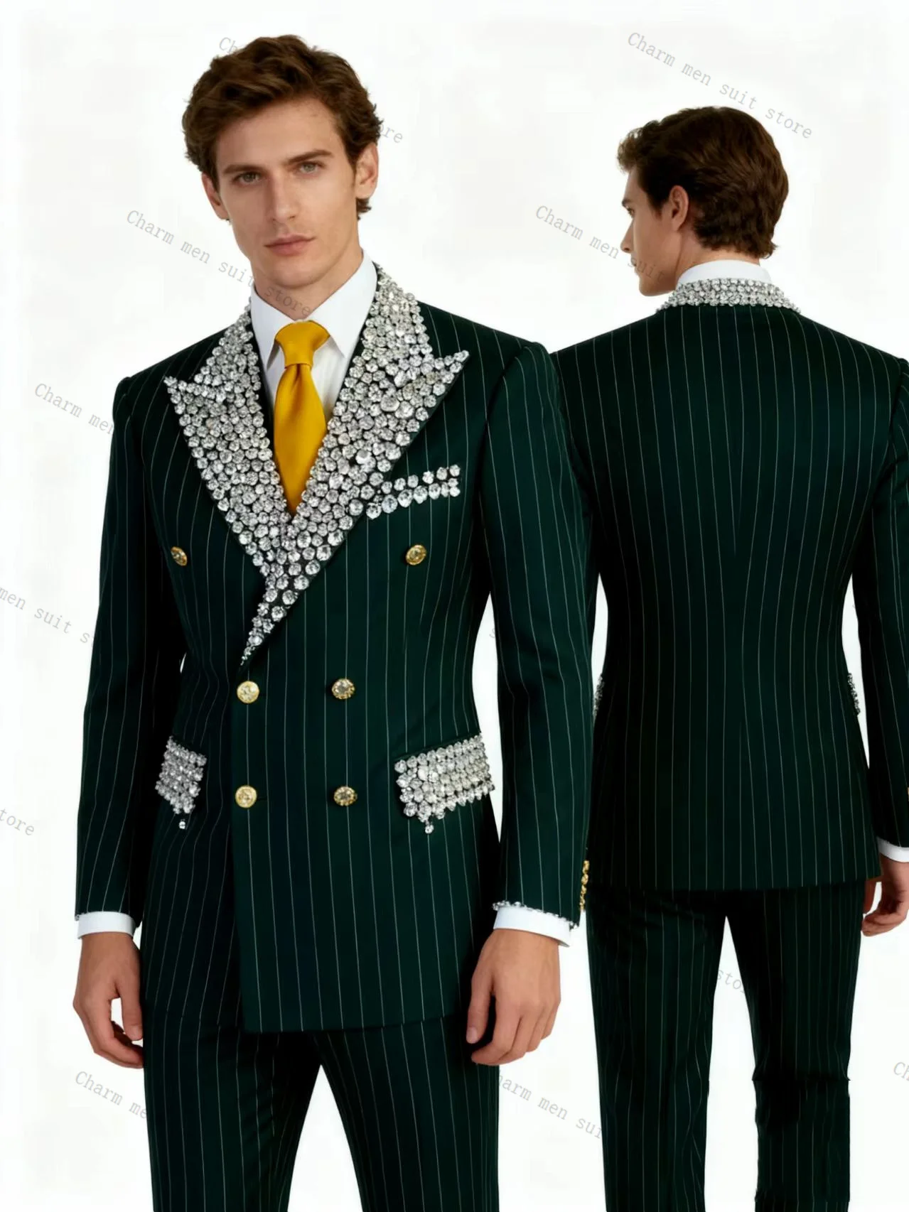 

Pinstripe Green Men Suits Set 2 Pcs Crystals Blazer+Pant Trousers Cotton Wedding Tuxedo Formal Office Business Groom Jacket Coat