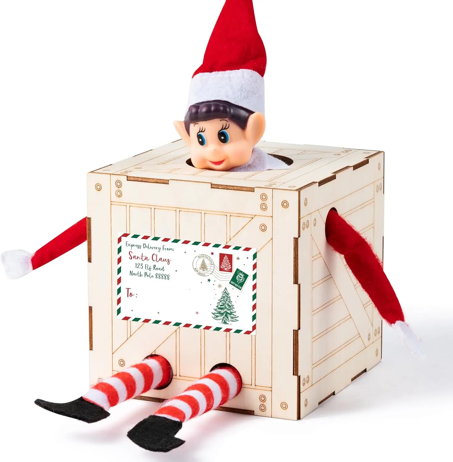 

Christmas Elf Crate with Gift Card, Santa's Delivery Box, Wooden Holder with Name Tag Sticker for Kids
