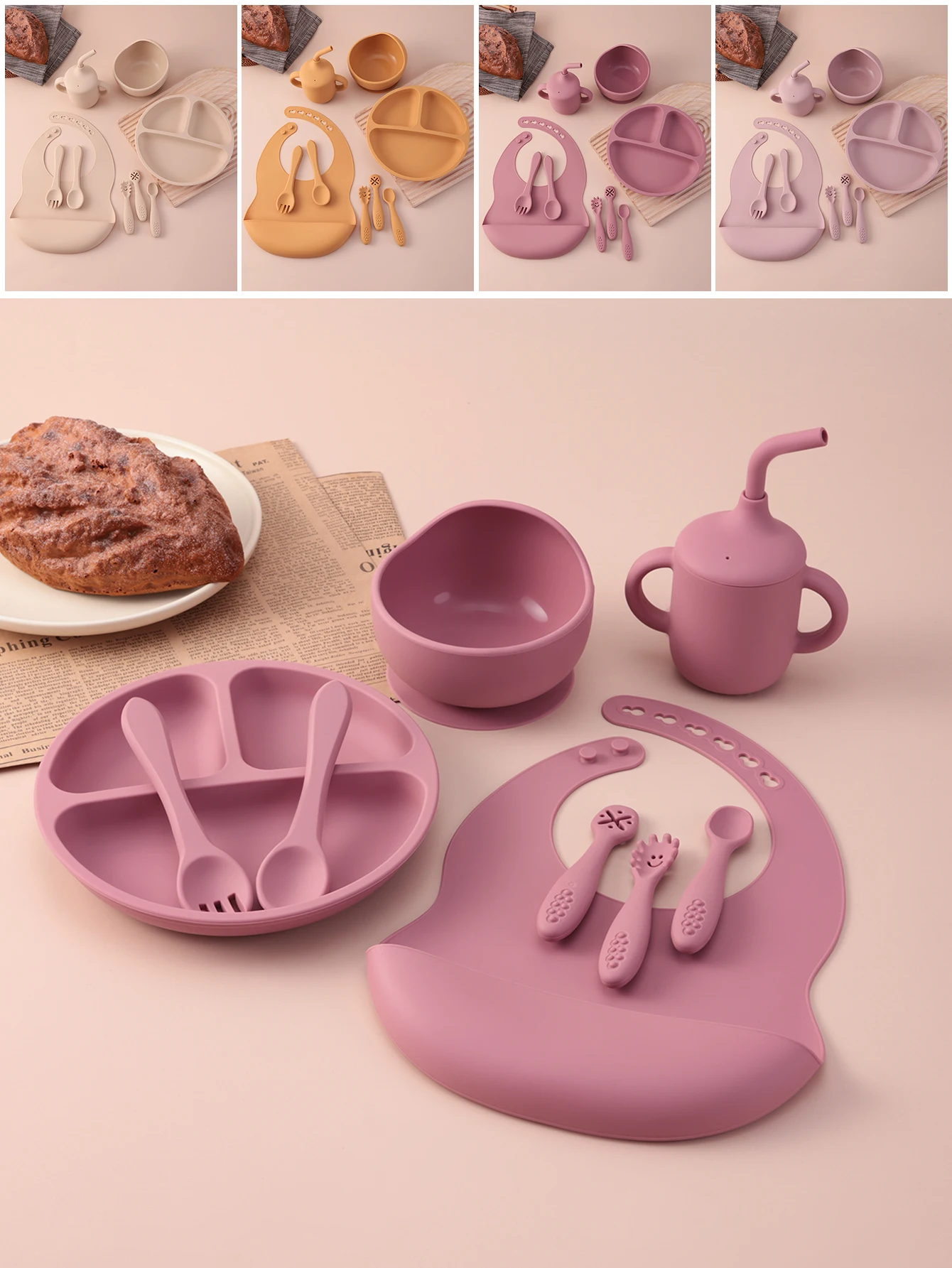 9PCS Silicone Baby Feeding Set Suction Plates Bowl Bib Sippy Cup BPA Free Toddler Self Weaning Essentials Tableware