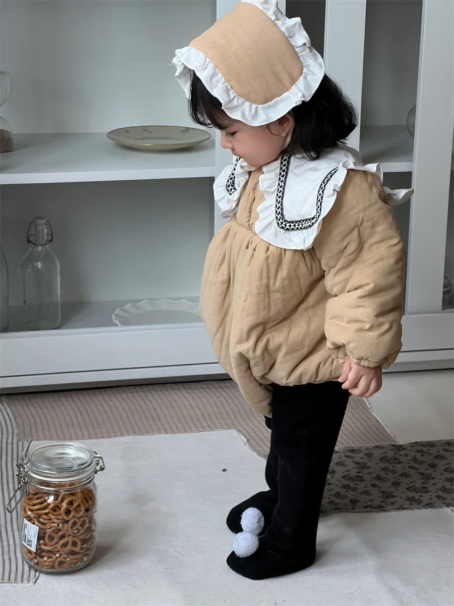 2024 Winter New Baby Girl Large Lapel Fleece Bodysuit + Hat Plus Velvet Thick Newborn Cotton Jumpsuit Infant Warm Clothes 0-24M