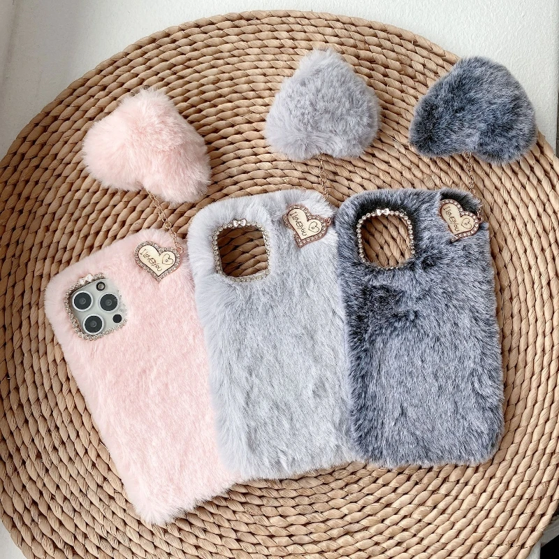 With Love Heart Pendant Plush Fur Phone Case For iPhone 13 12 11 Pro Max XR XS 8 7 Plus