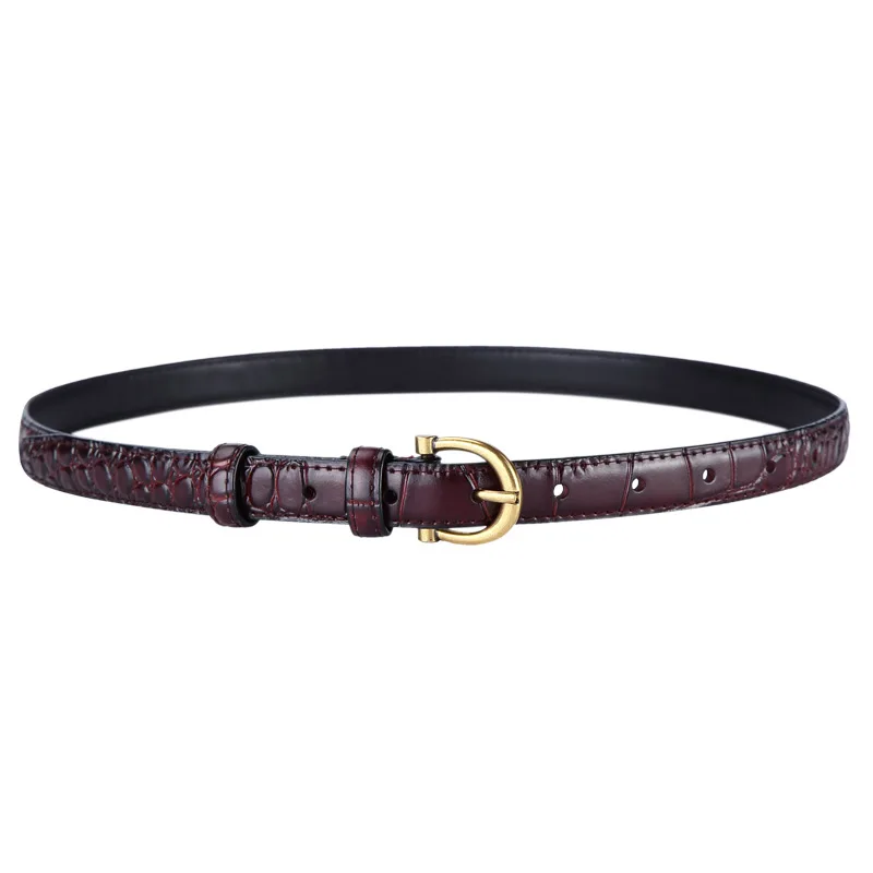 Vintage Crocodile Grain Real Leather Slim Belt for Women Brown Camel Genuine Leather Cowskin Waist Belt Jean Strap Strech 2022