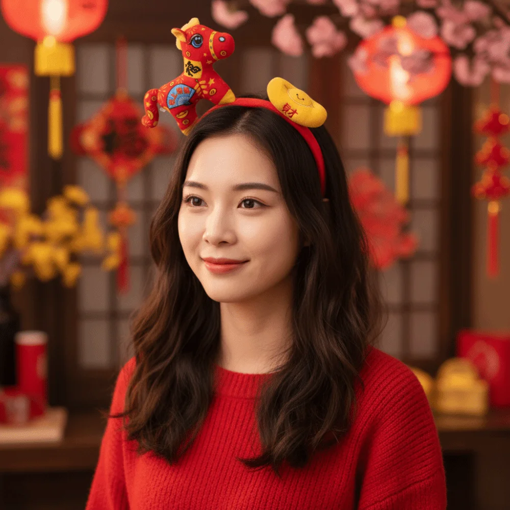 رائعة الكرتون الحصان الشعر هوب التميمة الأحمر السنة الجديدة عقال أغطية الرأس المهر الحصان عقال الطرف الديكور