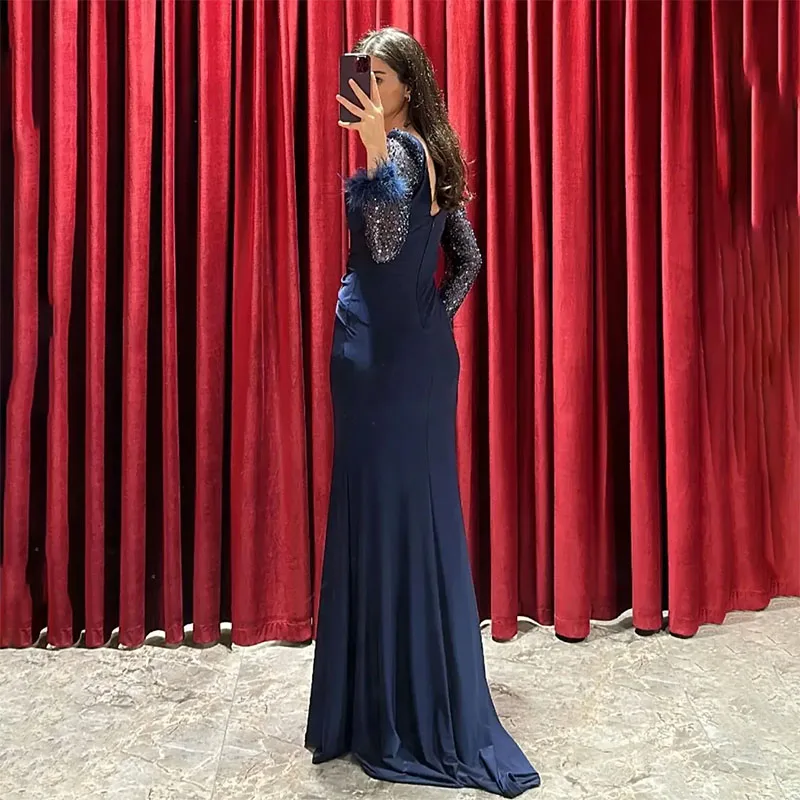 Robe de Soirée Longue Bleue à Col en V pour Femme, Dos aux, Paillettes, Manches sulf, Sirène, Traîne de Balayage, Sur Mesure, ix, Quelle que soit