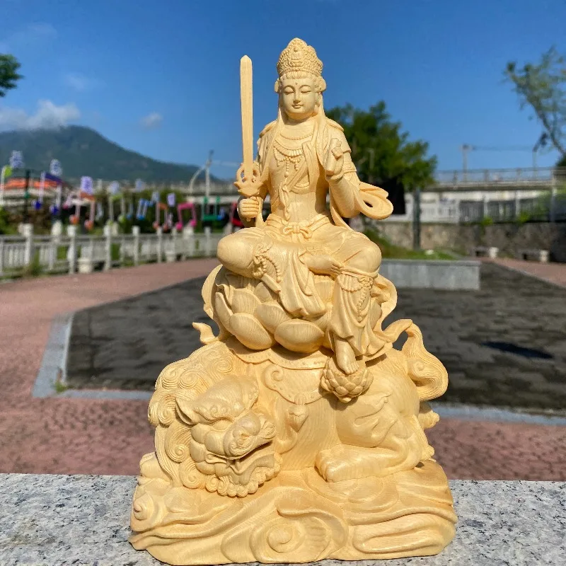 Hand-Carved Hinoki Wood Manjushri Bodhisattva Statue - 9.8