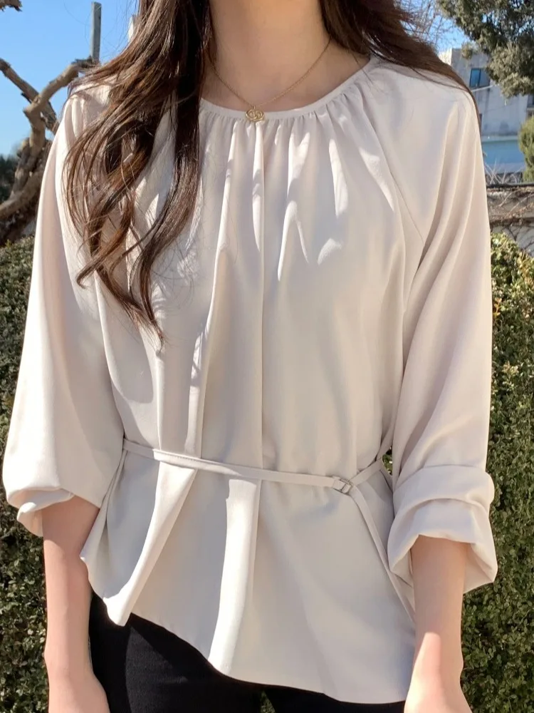 

Elegant Chic Women's Shirt Bow Tie Waist Design Sweet Stylish Korean Style Long Sleeve round Neck Top Fashionable Trendy