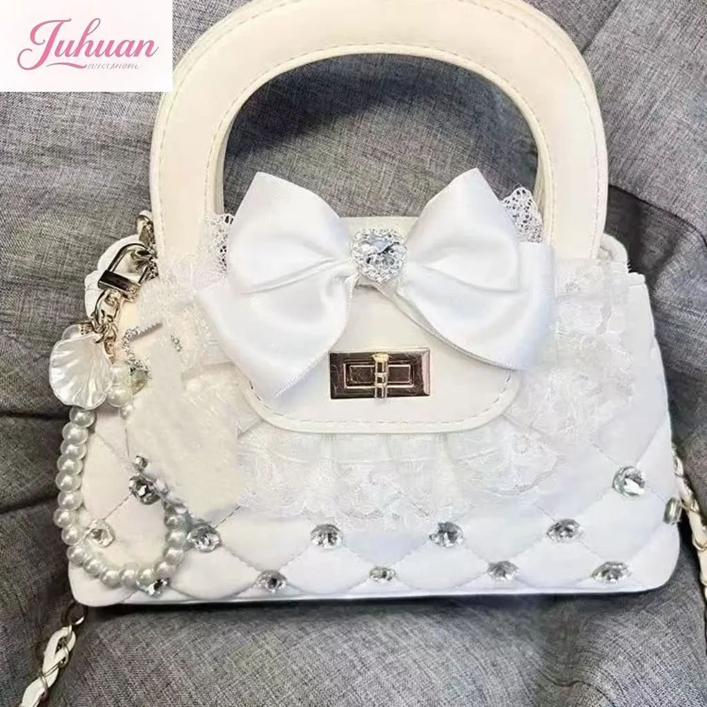 

Sweet cute Japanese rhombus diamond handbag women's summer lolita lace bow rhinestone one shoulder messenger bag for female